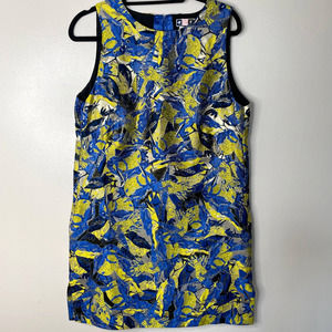 MSGM Metallic Abstract Bird Print Sheath Dress Yellow Blue Made in Italy Sz 44